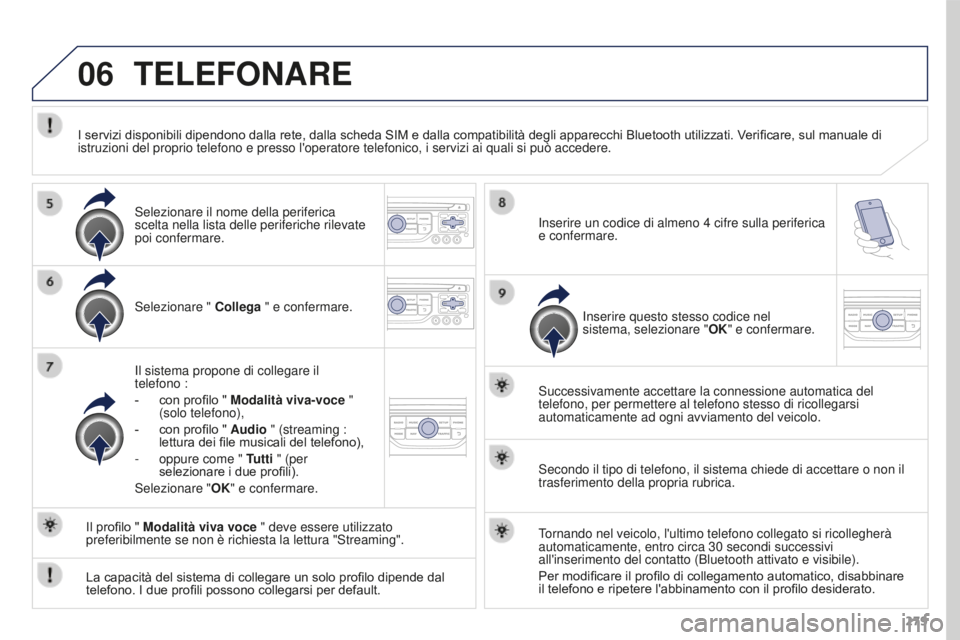 PEUGEOT 3008 2016 Manuale duso (in Italian) 06
279
3008_it_Chap12b_RT6-2-8_ed01-2015
TELEFONARE
Selezionare " Collega " e confermare.
Il sistema propone di collegare il
telefono :
-
con profilo "
Modalità viva-voce "
(sol PEUGEOT 3008 2016 Manuale duso (in Italian) 06
279
3008_it_Chap12b_RT6-2-8_ed01-2015
TELEFONARE
Selezionare " Collega " e confermare.
Il sistema propone di collegare il
telefono :
-
con profilo "
Modalità viva-voce "
(sol