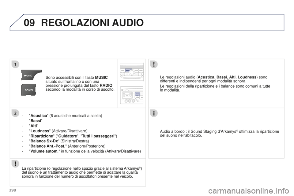 PEUGEOT 3008 2016 Manuale duso (in Italian) 09
298
3008_it_Chap12b_RT6-2-8_ed01-2015
REGOLAZIONI AUDIO
Sono accessibili con il tasto MUSIC
situato sul frontalino o con una
pressione prolungata del tasto RADIO
secondo la modalità in corso d PEUGEOT 3008 2016 Manuale duso (in Italian) 09
298
3008_it_Chap12b_RT6-2-8_ed01-2015
REGOLAZIONI AUDIO
Sono accessibili con il tasto MUSIC
situato sul frontalino o con una
pressione prolungata del tasto RADIO
secondo la modalità in corso d