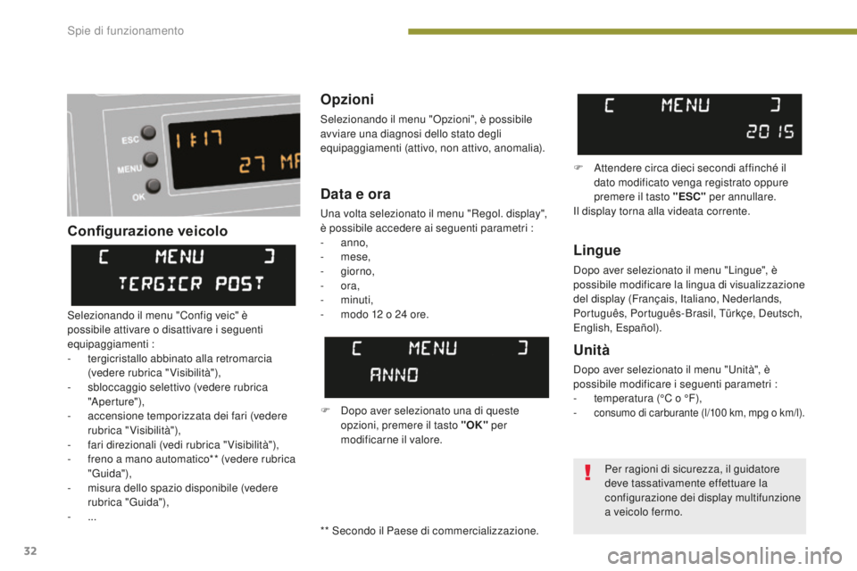 PEUGEOT 3008 2016  Manuale duso (in Italian) 32
3008_it_Chap01_controle-marche_ed01-2015
Configurazione veicoloOpzioni
Selezionando il menu "Opzioni", è possibile 
avviare una diagnosi dello stato degli 
equipaggiamenti (attivo, non att