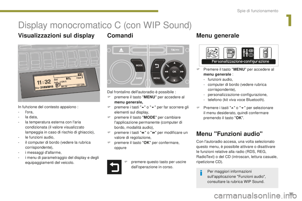 PEUGEOT 3008 2016  Manuale duso (in Italian) 35
3008_it_Chap01_controle-marche_ed01-2015
Display monocromatico C (con WIP Sound)
Menu generale
In fuhzione del contesto appaiono :
-  l'ora,
-
 
l
 a data,
-
 
l
 a temperatura esterna con l