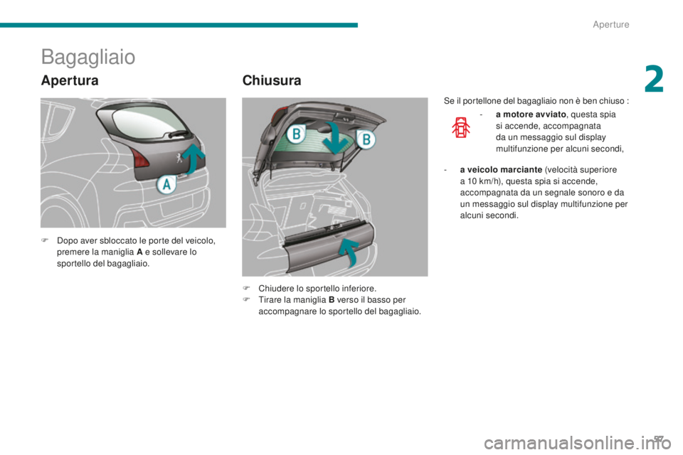 PEUGEOT 3008 2016 Manuale duso (in Italian) 57
3008_it_Chap02_ouvertures_ed01-2015
Apertura
Bagagliaio
Chiusura
F Dopo aver sbloccato le porte del veicolo, premere la maniglia A e sollevare lo
sportello del bagagliaio.
F
Ch
iudere lo sporte PEUGEOT 3008 2016 Manuale duso (in Italian) 57
3008_it_Chap02_ouvertures_ed01-2015
Apertura
Bagagliaio
Chiusura
F Dopo aver sbloccato le porte del veicolo, premere la maniglia A e sollevare lo
sportello del bagagliaio.
F
Ch
iudere lo sporte
