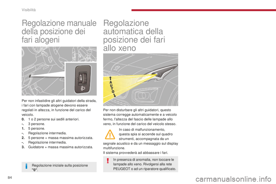 PEUGEOT 3008 2016 Manuale duso (in Italian) 84
3008_it_Chap04_visibilite_ed01-2015
Regolazione manuale
della posizione dei
fari alogeni
Per non infastidire gli altri guidatori della strada,
i fari con lampade alogene devono essere
regolati PEUGEOT 3008 2016 Manuale duso (in Italian) 84
3008_it_Chap04_visibilite_ed01-2015
Regolazione manuale
della posizione dei
fari alogeni
Per non infastidire gli altri guidatori della strada,
i fari con lampade alogene devono essere
regolati