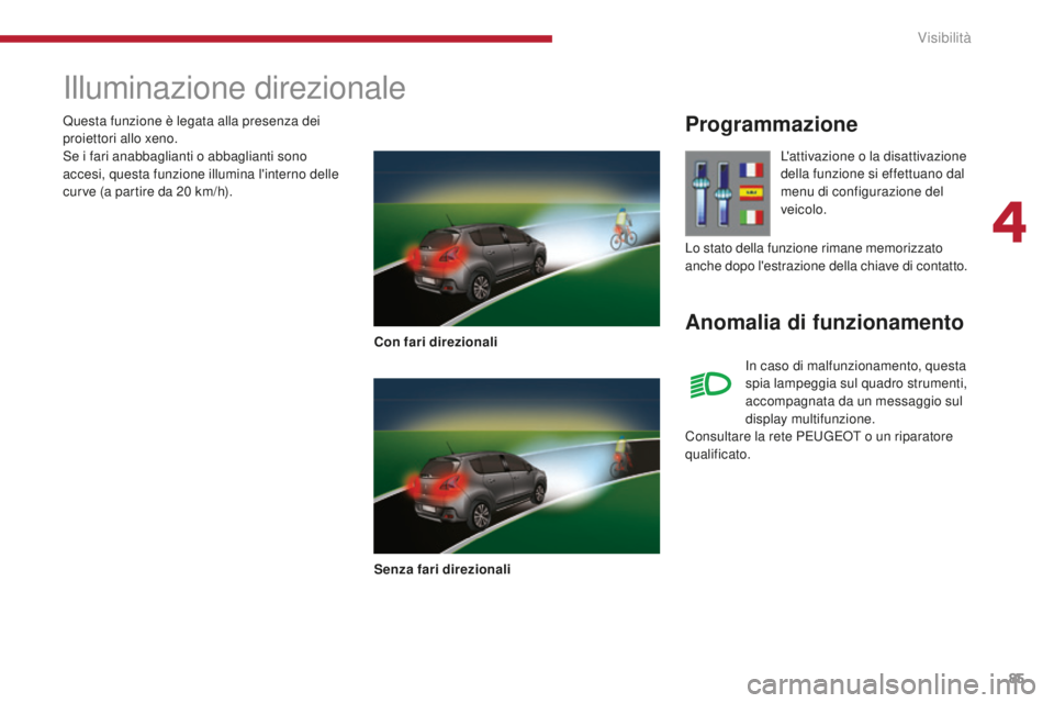 PEUGEOT 3008 2016 Manuale duso (in Italian) 85
3008_it_Chap04_visibilite_ed01-2015
Illuminazione direzionale
Con fari direzionali
Senza fari direzionali
Programmazione
Anomalia di funzionamento
L'attivazione o la disattivazione
della funzi PEUGEOT 3008 2016 Manuale duso (in Italian) 85
3008_it_Chap04_visibilite_ed01-2015
Illuminazione direzionale
Con fari direzionali
Senza fari direzionali
Programmazione
Anomalia di funzionamento
L'attivazione o la disattivazione
della funzi