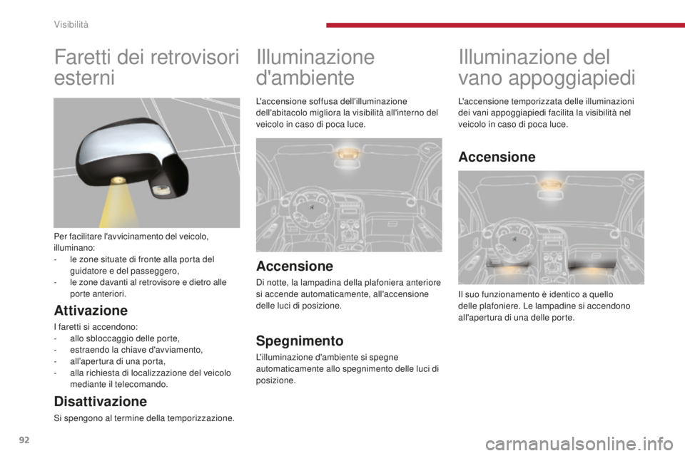 PEUGEOT 3008 2016  Manuale duso (in Italian) 92
3008_it_Chap04_visibilite_ed01-2015
Illuminazione del 
vano appoggiapiedi
Il suo funzionamento è identico a quello 
delle plafoniere. Le lampadine si accendono 
all'apertura di una delle porte