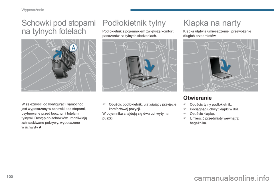 PEUGEOT 3008 2016  Instrukcja obsługi (in Polish) 100
3008_pl_Chap05_amenagements_ed01-2015
Podłokietnik tylnyKlapka na narty
Otwieranie
F Opuścić tylny podłokietnik.
F
 P ociągnąć uchwyt klapki w dół.
F
 
O
 puścić klapkę.
F
 
U
 mieści
