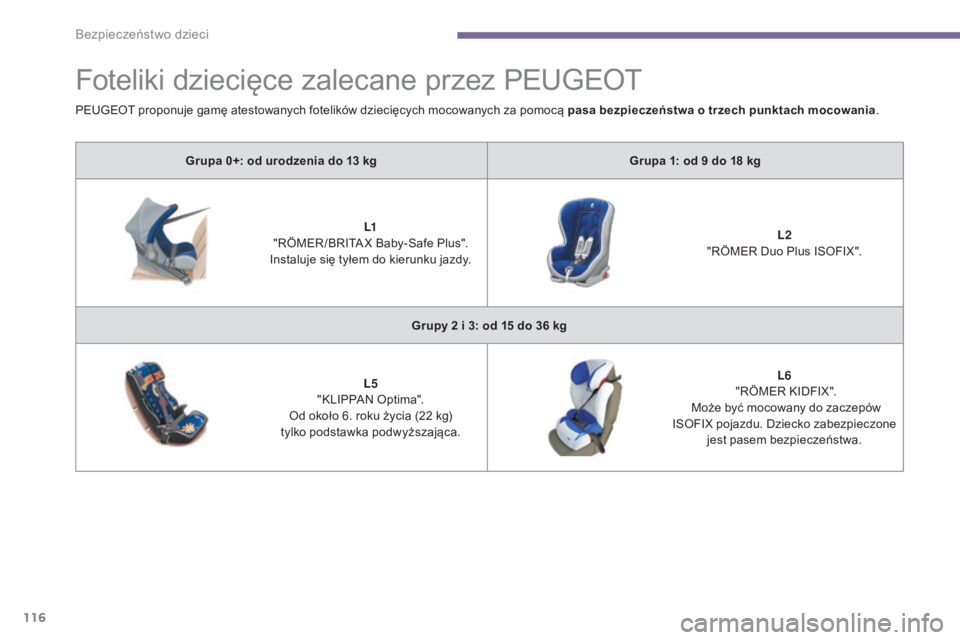 PEUGEOT 3008 2016  Instrukcja obsługi (in Polish) 116
3008_pl_Chap06_securite-enfants_ed01-2015
Foteliki dziecięce zalecane przez PEUGEOT
Grupa 0+: od urodzenia do 13 kgG rupa 1: od 9   do 18   kg
L1
 "

RÖMER /BRITA X Baby-Safe Plus".
Inst