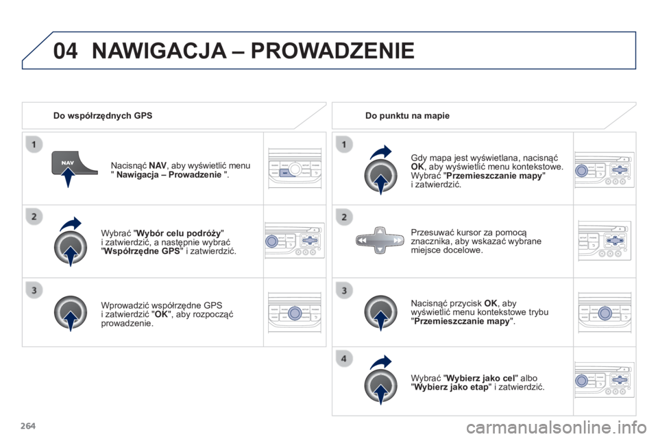 PEUGEOT 3008 2016  Instrukcja obsługi (in Polish) 04
264
3008_pl_Chap12b_RT6-2-8_ed01-2015
Wybrać "Wybór celu podróży"  
i zatwierdzić, a następnie wybrać   
"Współrzędne GPS " i zatwierdzić.
Wprowadzić współrzędne GPS 