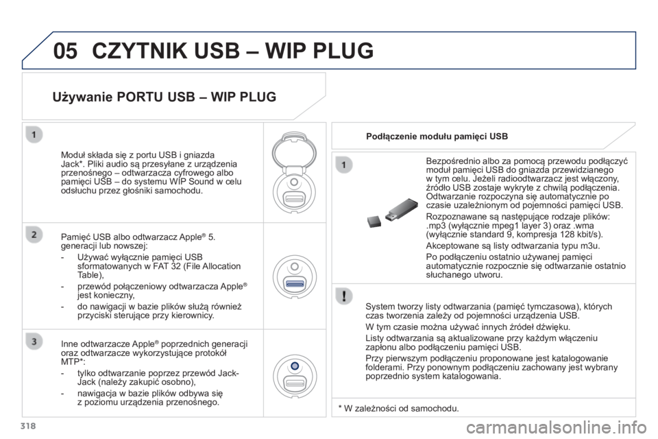 PEUGEOT 3008 2016 Instrukcja obsługi (in Polish) 05
318
3008_pl_Chap12c_RD45_ed01_2015
CZYTNIK USB – WIP PLUG
System tworzy listy odtwarzania (pamięć tymczasowa), których
czas tworzenia zależy od pojemności urządzenia USB.
W tym czasie moż PEUGEOT 3008 2016 Instrukcja obsługi (in Polish) 05
318
3008_pl_Chap12c_RD45_ed01_2015
CZYTNIK USB – WIP PLUG
System tworzy listy odtwarzania (pamięć tymczasowa), których
czas tworzenia zależy od pojemności urządzenia USB.
W tym czasie moż
