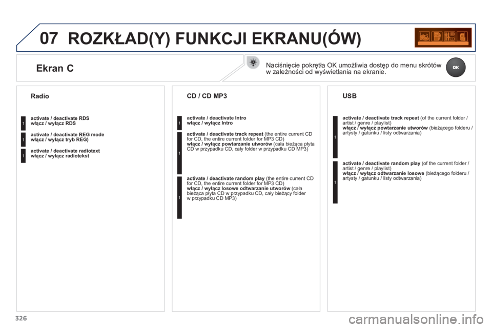 PEUGEOT 3008 2016 Instrukcja obsługi (in Polish) 07
326
3008_pl_Chap12c_RD45_ed01_2015
ROZKŁAD(Y) FUNKCJI EKRANU(óW)
activate / deactivate RDS
włącz / wyłącz RDS
activate / deactivate REG mode
włącz / wyłącz tryb REG)
activate / deacti PEUGEOT 3008 2016 Instrukcja obsługi (in Polish) 07
326
3008_pl_Chap12c_RD45_ed01_2015
ROZKŁAD(Y) FUNKCJI EKRANU(óW)
activate / deactivate RDS
włącz / wyłącz RDS
activate / deactivate REG mode
włącz / wyłącz tryb REG)
activate / deacti