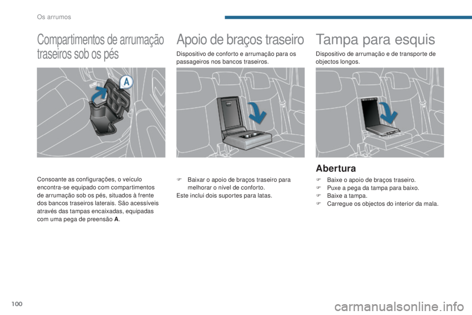 PEUGEOT 3008 2016  Manual de utilização (in Portuguese) 100
3008_pt_Chap05_amenagements_ed01-2015
Apoio de braços traseirotampa para esquis
Abertura
F Baixe o apoio de braços traseiro.
F P uxe a pega da tampa para baixo.
F
 
B
 aixe a tampa.
F
 
C
 arreg