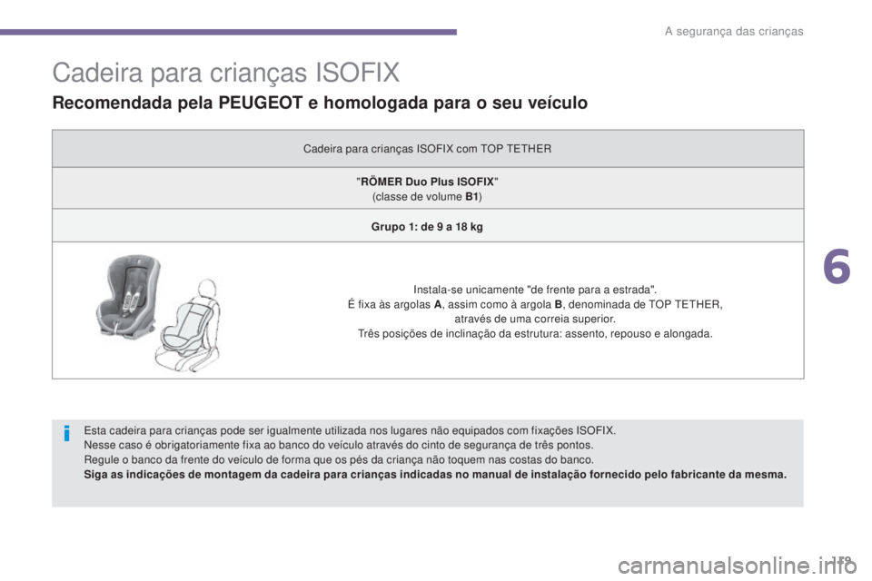 PEUGEOT 3008 2016  Manual de utilização (in Portuguese) 119
3008_pt_Chap06_securite-enfants_ed01-2015
Cadeira para crianças ISOFIX
Esta cadeira para crianças pode ser igualmente utilizada nos lugares não equipados com fixações ISOFIX.
Nesse caso é ob