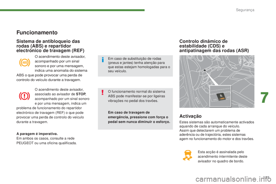 PEUGEOT 3008 2016  Manual de utilização (in Portuguese) 125
3008_pt_Chap07_securite_ed01-2015
Controlo dinâmico de 
estabilidade (CDS) e 
antipatinagem das rodas (ASR)
Esta acção é assinalada pelo 
acendimento intermitente deste 
avisador no quadro de 