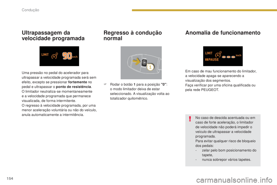 PEUGEOT 3008 2016  Manual de utilização (in Portuguese) 154
3008_pt_Chap08_conduite_ed01-2015
Anomalia de funcionamento
No caso de descida acentuada ou em 
caso de forte aceleração, o limitador 
de velocidade não poderá impedir o 
veículo de ultrapass