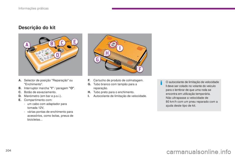 PEUGEOT 3008 2016  Manual de utilização (in Portuguese) 204
3008_pt_Chap10_infos-pratiques_ed01-2015
Descrição do kit
A. Selector de posição "Reparação" ou "Enchimento".
B.
 I

nterruptor marcha "I"  / paragem "O".
C.
