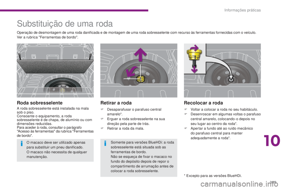 PEUGEOT 3008 2016 Manual de utilização (in Portuguese) 209
3008_pt_Chap10_infos-pratiques_ed01-2015
Recolocar a roda
F Voltar a colocar a roda no seu habitáculo.
F D esenroscar em algumas voltas o parafuso
central amarelo, colocando-o depois no
seu lug PEUGEOT 3008 2016 Manual de utilização (in Portuguese) 209
3008_pt_Chap10_infos-pratiques_ed01-2015
Recolocar a roda
F Voltar a colocar a roda no seu habitáculo.
F D esenroscar em algumas voltas o parafuso
central amarelo, colocando-o depois no
seu lug
