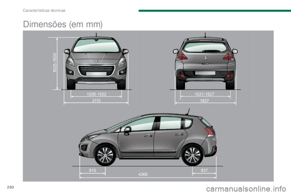 PEUGEOT 3008 2016 Manual de utilização (in Portuguese) 250
3008_pt_Chap11_caracteristiques_ed01-2015
Dimensões (em mm)
Características técnicas PEUGEOT 3008 2016 Manual de utilização (in Portuguese) 250
3008_pt_Chap11_caracteristiques_ed01-2015
Dimensões (em mm)
Características técnicas