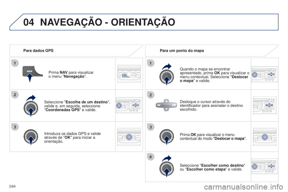PEUGEOT 3008 2016 Manual de utilização (in Portuguese) 04
264
3008_pt_Chap12b_Rt6-2-8_ed01-2015
Seleccione "Escolha de um destino ",
valide e, em seguida, seleccione
"Coordenadas GPS" e valide.
Introduza os dados
g PS e valide
atravé PEUGEOT 3008 2016 Manual de utilização (in Portuguese) 04
264
3008_pt_Chap12b_Rt6-2-8_ed01-2015
Seleccione "Escolha de um destino ",
valide e, em seguida, seleccione
"Coordenadas GPS" e valide.
Introduza os dados
g PS e valide
atravé