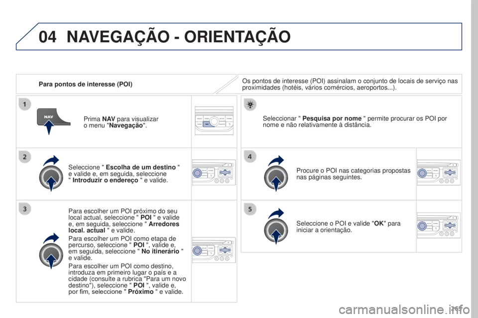 PEUGEOT 3008 2016 Manual de utilização (in Portuguese) 04
265
3008_pt_Chap12b_Rt6-2-8_ed01-2015
Para pontos de interesse (POI) Os pontos de interesse (POI) assinalam o conjunto de locais de serviç\
o nas
proximidades (hotéis, vários comércios, aeropo PEUGEOT 3008 2016 Manual de utilização (in Portuguese) 04
265
3008_pt_Chap12b_Rt6-2-8_ed01-2015
Para pontos de interesse (POI) Os pontos de interesse (POI) assinalam o conjunto de locais de serviç\
o nas
proximidades (hotéis, vários comércios, aeropo