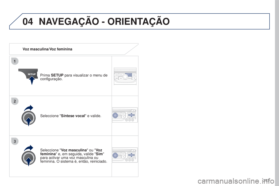 PEUGEOT 3008 2016  Manual de utilização (in Portuguese) 04
273
3008_pt_Chap12b_Rt6-2-8_ed01-2015
Voz masculina/Voz feminina
Prima SETUP para visualizar o menu de 
configuração.
Seleccione " Voz masculina" ou "Voz 
feminina" e, em seguida,