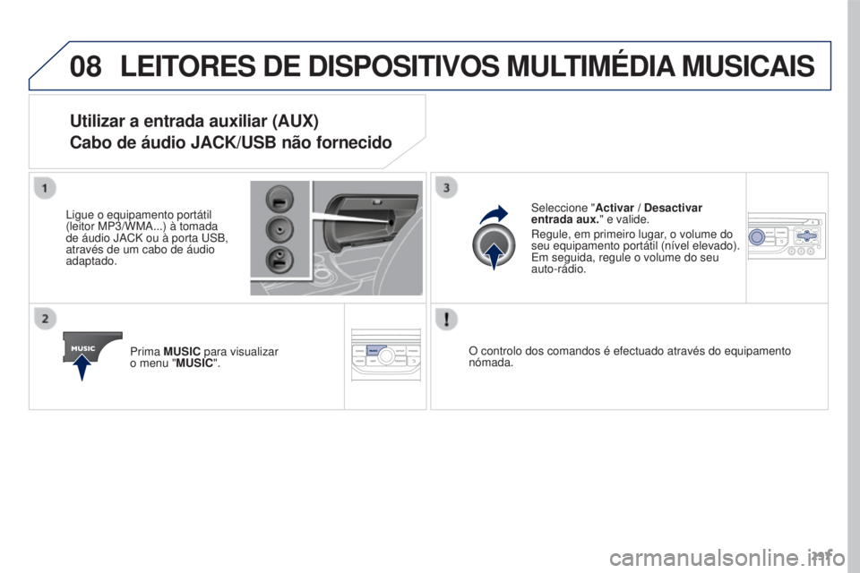 PEUGEOT 3008 2016  Manual de utilização (in Portuguese) 08
297
3008_pt_Chap12b_Rt6-2-8_ed01-2015
LEITORES DE DISPOSITIVOS MULTIMéDIA  MUSICAIS
Utilizar a entrada auxiliar (AUX)
Cabo de áudio JACK/USB não fornecido
Ligue o equipamento portátil 
(leitor 