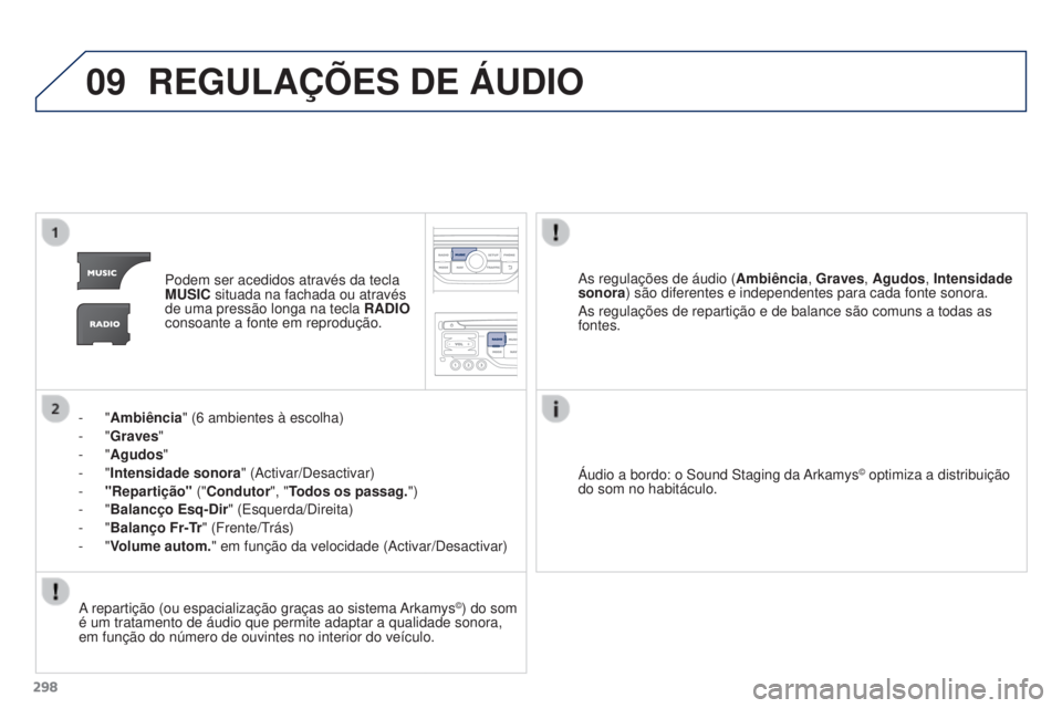 PEUGEOT 3008 2016  Manual de utilização (in Portuguese) 09
298
3008_pt_Chap12b_Rt6-2-8_ed01-2015
REGULAÇõES DE ÁUDIO
Podem ser acedidos através da tecla 
MUSIC situada na fachada ou através 
de uma pressão longa na tecla  RADIO 
consoante a fonte em 