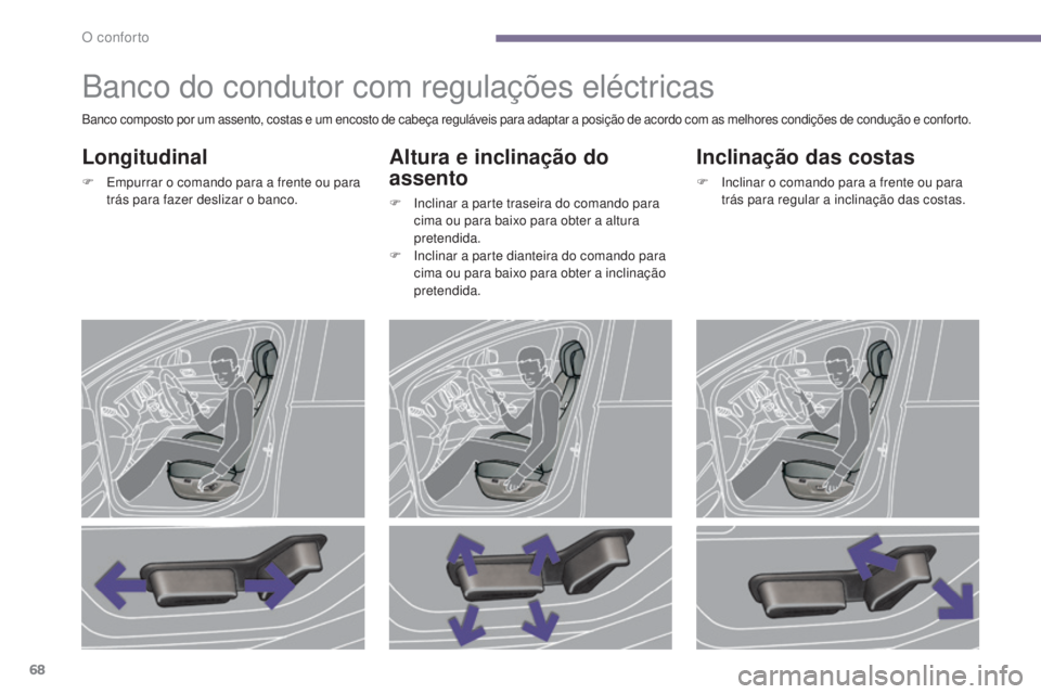 PEUGEOT 3008 2016 Manual de utilização (in Portuguese) 68
3008_pt_Chap03_confort_ed01-2015
Banco do condutor com regulações eléctricas
Longitudinal
F Empurrar o comando para a frente ou para trás para fazer deslizar o banco.
Altura e inclinação do
PEUGEOT 3008 2016 Manual de utilização (in Portuguese) 68
3008_pt_Chap03_confort_ed01-2015
Banco do condutor com regulações eléctricas
Longitudinal
F Empurrar o comando para a frente ou para trás para fazer deslizar o banco.
Altura e inclinação do