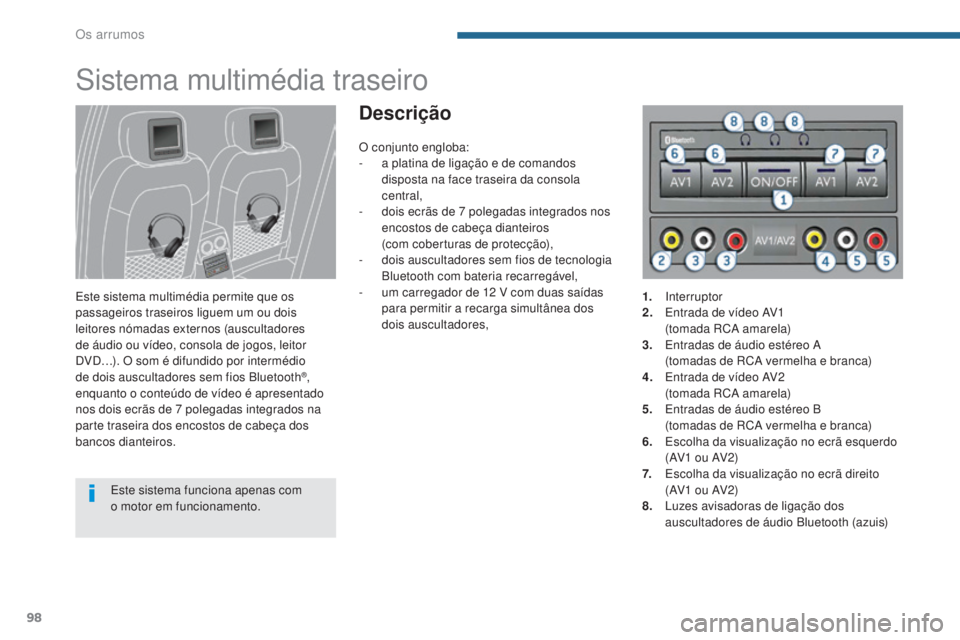 PEUGEOT 3008 2016  Manual de utilização (in Portuguese) 98
3008_pt_Chap05_amenagements_ed01-2015
Sistema multimédia traseiro
Este sistema multimédia permite que os 
passageiros traseiros liguem um ou dois 
leitores nómadas externos (auscultadores 
de á