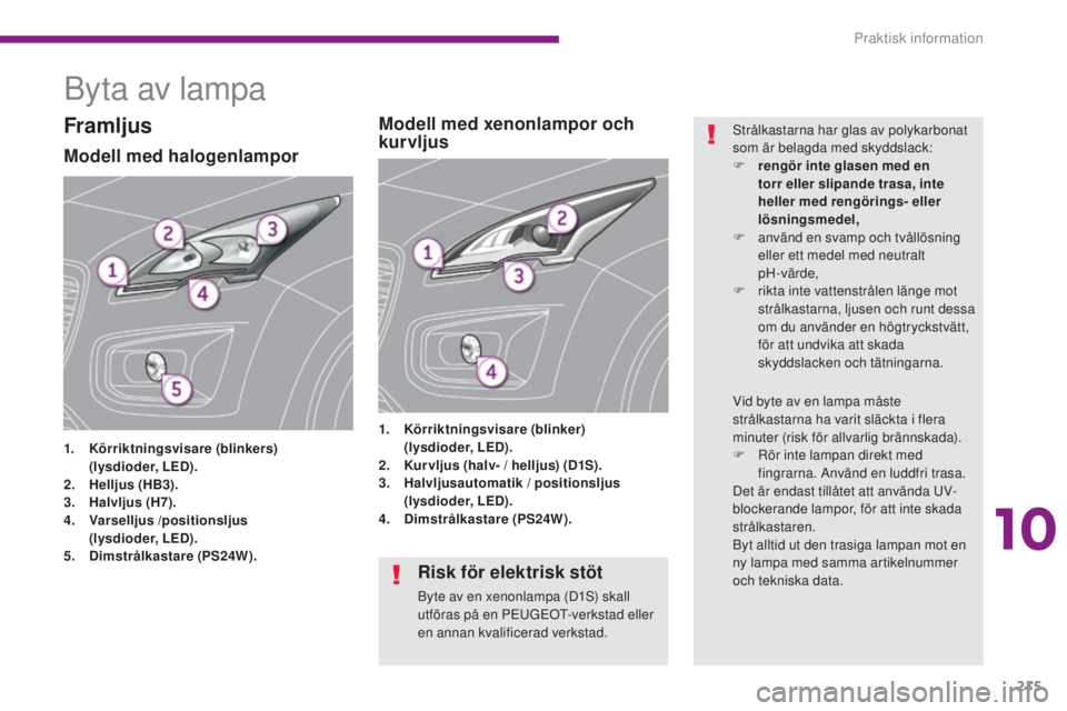 PEUGEOT 3008 2016 Bruksanvisningar (in Swedish) 215
3008_sv_Chap10_infos-pratiques_ed01-2015
Byta av lampa
Modell med halogenlampor
1. Körriktningsvisare (blinkers) (
lysdioder, LED).
2.
H
elljus (HB3).
3.
H
alvljus (H7).
4.
V
arselljus /p PEUGEOT 3008 2016 Bruksanvisningar (in Swedish) 215
3008_sv_Chap10_infos-pratiques_ed01-2015
Byta av lampa
Modell med halogenlampor
1. Körriktningsvisare (blinkers) (
lysdioder, LED).
2.
H
elljus (HB3).
3.
H
alvljus (H7).
4.
V
arselljus /p