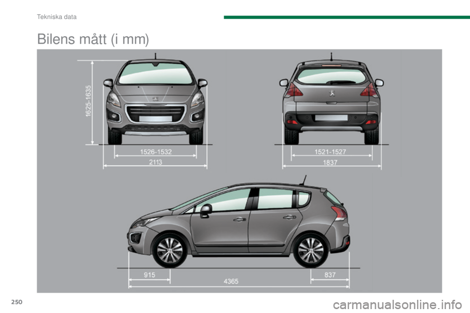 PEUGEOT 3008 2016  Bruksanvisningar (in Swedish) 250
3008_sv_Chap11_caracteristiques_ed01-2015
Bilens mått (i mm) 
Tekniska data  