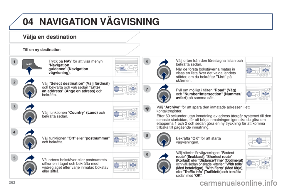 PEUGEOT 3008 2016 Bruksanvisningar (in Swedish) 04
262
3008_sv_Chap12b_RT6-2-8_ed01-2015
Tryck på N AV för att visa menyn
"Navigation
guidance" (Navigation
vägvisning).
Till en ny destination
Välja en destination
Välj "Select de PEUGEOT 3008 2016 Bruksanvisningar (in Swedish) 04
262
3008_sv_Chap12b_RT6-2-8_ed01-2015
Tryck på N AV för att visa menyn
"Navigation
guidance" (Navigation
vägvisning).
Till en ny destination
Välja en destination
Välj "Select de