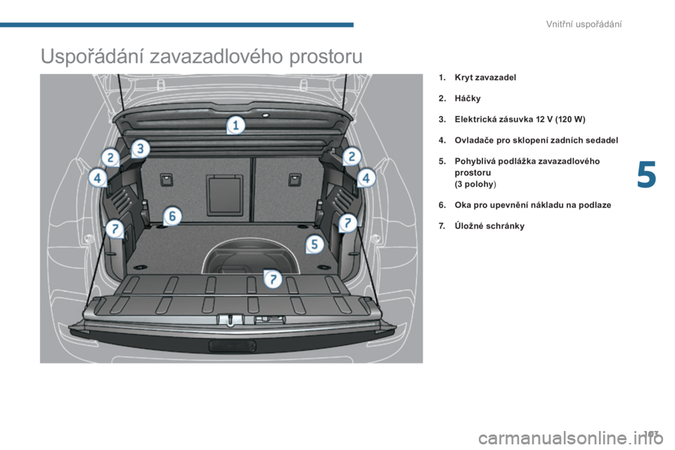 PEUGEOT 3008 2016  Návod na použití (in Czech) 103
3008_cs_Chap05_amenagements_ed01-2015
Uspořádání zavazadlového prostoru
1. Kr yt zavazadel
2.
 H
áčky
3.
 E

lektrická zásuvka 12   V (120   W)
4.
 O

vladače pro sklopení zadních seda