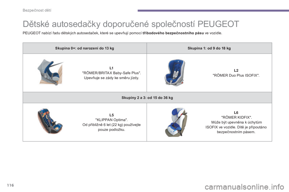 PEUGEOT 3008 2016  Návod na použití (in Czech) 116
3008_cs_Chap06_securite-enfants_ed01-2015
Dětské autosedačky doporučené společností PEUGEOT
Skupina 0+: od narození do 13 kgS kupina 1: od 9   do 18   kg
L1
 "

RÖMER /BRITA X Baby-Sa