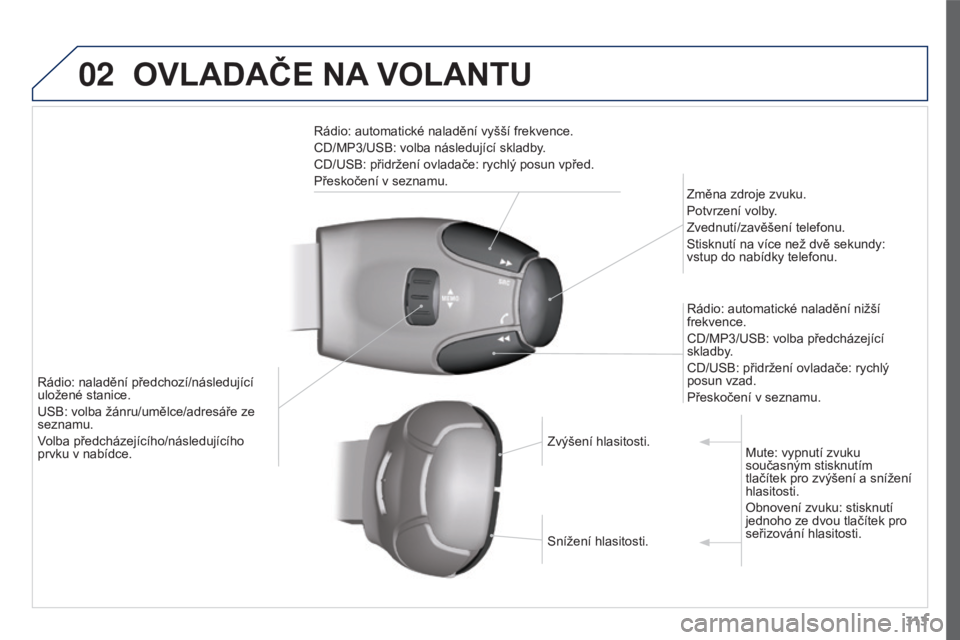 PEUGEOT 3008 2016  Návod na použití (in Czech) 02
313
3008_cs_Chap12c_RD45_ed01_2015
OVLADAČE NA VOLANTU
Rádio: automatické naladění vyšší frekvence.
CD/MP3/USB: volba následující skladby.
CD/USB: přidržení ovladače: rychlý posun v