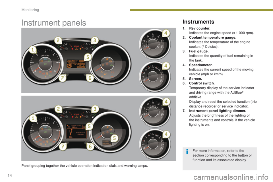 PEUGEOT 3008 2015.5. User Guide 14
Instrument panels
Panel grouping together the vehicle operation indication dials and warning lamps.
Instruments
1. Rev counter. I
ndicates the engine speed (x 1 000 rpm).
2.
C
oolant temperature PEUGEOT 3008 2015.5. User Guide 14
Instrument panels
Panel grouping together the vehicle operation indication dials and warning lamps.
Instruments
1. Rev counter. I
ndicates the engine speed (x 1 000 rpm).
2.
C
oolant temperature