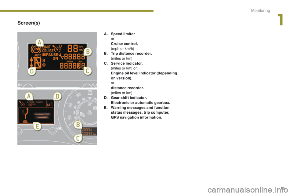 PEUGEOT 3008 2015.5.  Owners Manual 15
Screen(s)
A. Speed limiter  
or
 C

ruise control.  
 (

mph or km/h)
B.
 T

rip distance recorder.  
 (

miles or km)
C.
 S

ervice indicator.  
 (

miles or km) or,
 E

ngine oil level indicator 