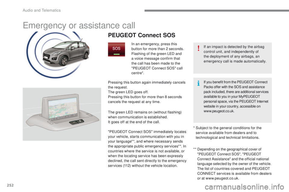 PEUGEOT 3008 2015.5. Owners Manual 252
Emergency or assistance call
If an impact is detected by the airbag
control unit, and independently of
the deployment of any airbags, an
emergency call is made automatically.
PEUGEOT Connect SO PEUGEOT 3008 2015.5. Owners Manual 252
Emergency or assistance call
If an impact is detected by the airbag
control unit, and independently of
the deployment of any airbags, an
emergency call is made automatically.
PEUGEOT Connect SO