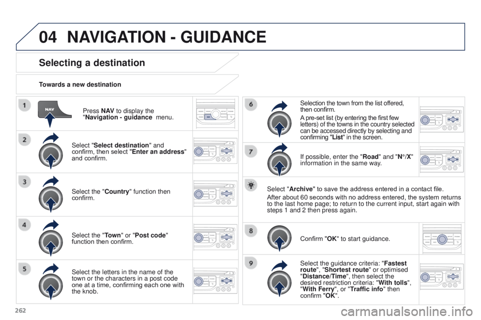 PEUGEOT 3008 2015.5. Owners Manual 04
262Press N AV
to display the
"Navigation - guidance menu.
Towards a new destination
Selecting a destination
Select "Select destination" and
confirm, then select "Enter an addre PEUGEOT 3008 2015.5. Owners Manual 04
262Press N AV
to display the
"Navigation - guidance menu.
Towards a new destination
Selecting a destination
Select "Select destination" and
confirm, then select "Enter an addre