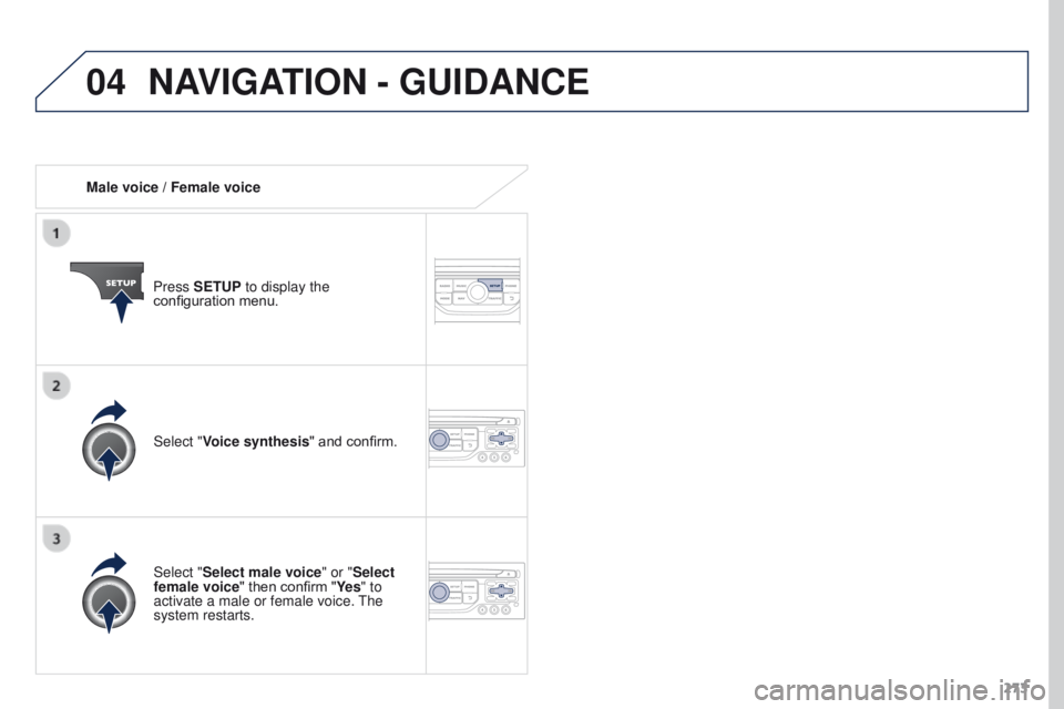 PEUGEOT 3008 2015.5.  Owners Manual 04
273
Male voice / Female voice
Press SETUP to display the 
configuration menu.
Select "Select male voice" or "Select 
female voice" then confirm "Ye s " to 
activate a male o