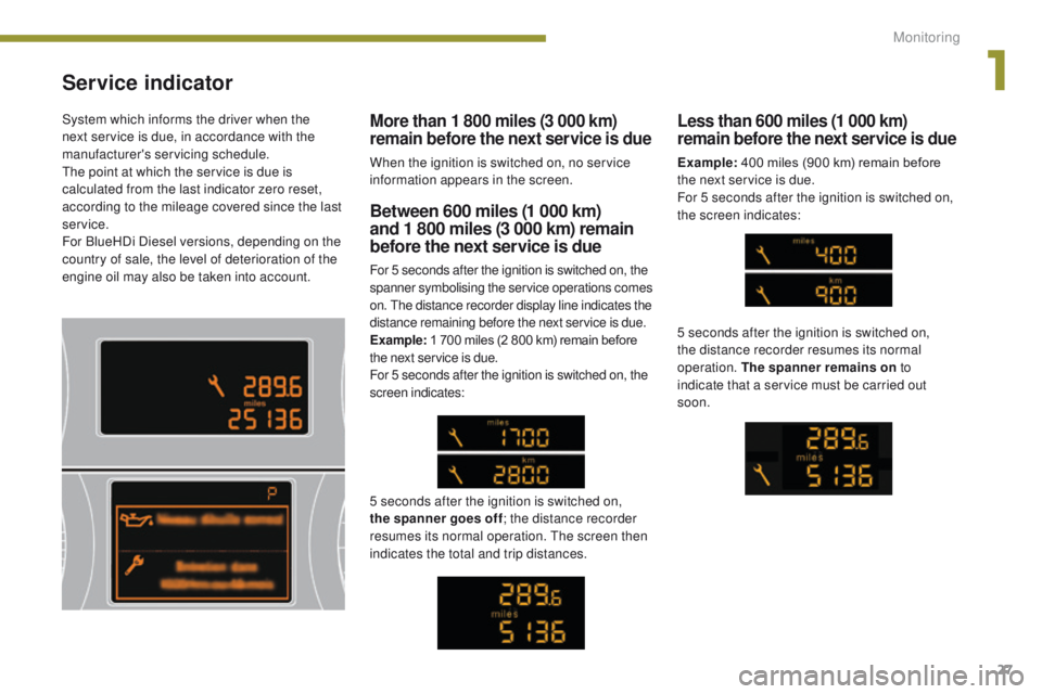 PEUGEOT 3008 2015.5.  Owners Manual 27
Service indicator
Between 600 miles (1 000 km) 
and 1  800 miles (3 000 km) remain 
before the next service is due
For 5 seconds after the ignition is switched on, the 
spanner symbolising the serv