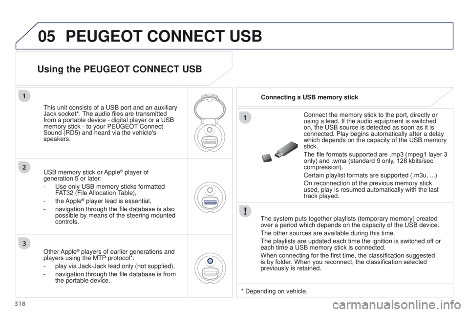 PEUGEOT 3008 2015.5. Owners Manual 05
318
PEUGEOT CONNECT USB
The system puts together playlists (temporary memory) created
over a period which depends on the capacity of the USB device.
The other sources are available during this tim PEUGEOT 3008 2015.5. Owners Manual 05
318
PEUGEOT CONNECT USB
The system puts together playlists (temporary memory) created
over a period which depends on the capacity of the USB device.
The other sources are available during this tim