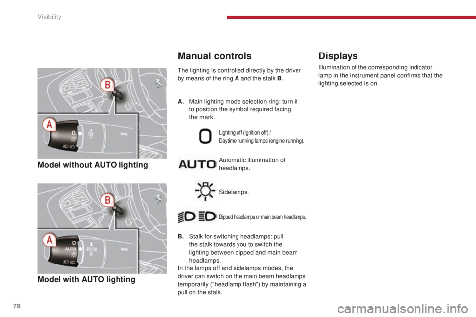 PEUGEOT 3008 2015.5. Manual PDF 78
Model without AUTO lighting
Model with AUTO lighting
The lighting is controlled directly by the driver
by means of the ring A and the stalk B.
B.
S
talk for switching headlamps: pull
the stalk PEUGEOT 3008 2015.5. Manual PDF 78
Model without AUTO lighting
Model with AUTO lighting
The lighting is controlled directly by the driver
by means of the ring A and the stalk B.
B.
S
talk for switching headlamps: pull
the stalk