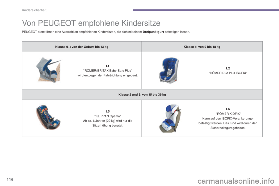 PEUGEOT 3008 2015.5. Betriebsanleitungen (in German) 116
3008_de_Chap06_securite-enfants_ed01-2015
Von PEUGEOT empfohlene Kindersitze
Klasse 0+: von der Gebur t bis 13 kgK lasse 1: von 9 bis 18 kg
L1
"
RÖMER/BRITAX Baby-Safe Plus"
wird e PEUGEOT 3008 2015.5. Betriebsanleitungen (in German) 116
3008_de_Chap06_securite-enfants_ed01-2015
Von PEUGEOT empfohlene Kindersitze
Klasse 0+: von der Gebur t bis 13 kgK lasse 1: von 9 bis 18 kg
L1
"
RÖMER/BRITAX Baby-Safe Plus"
wird e