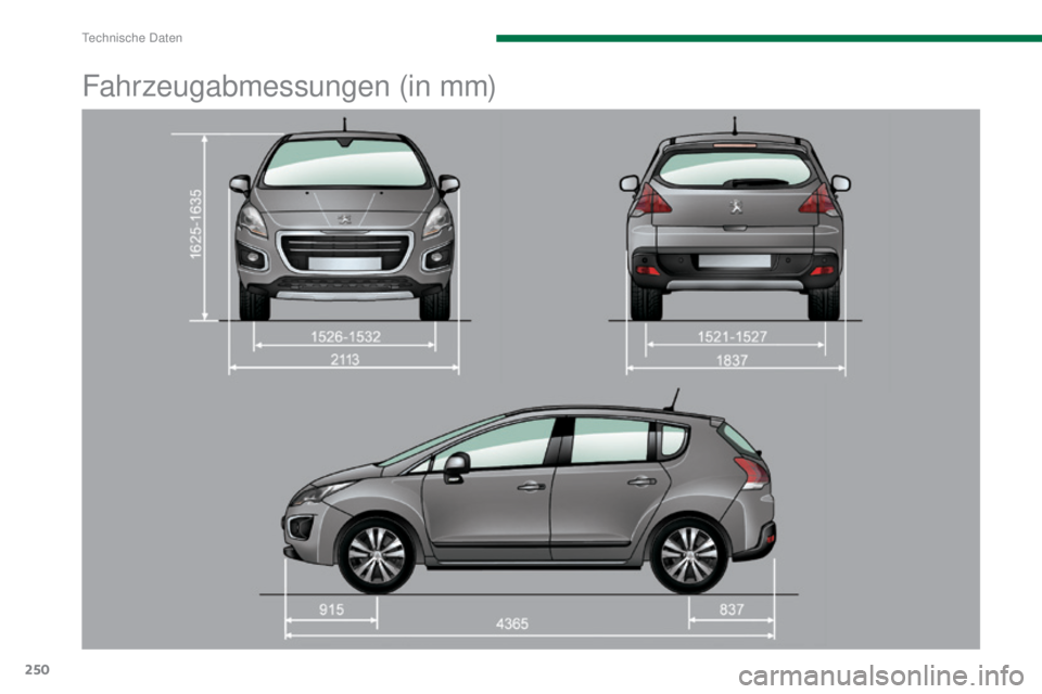 PEUGEOT 3008 2015.5. Betriebsanleitungen (in German) 250
3008_de_Chap11_caracteristiques_ed01-2015
Fahrzeugabmessungen (in mm)
Technische Daten PEUGEOT 3008 2015.5. Betriebsanleitungen (in German) 250
3008_de_Chap11_caracteristiques_ed01-2015
Fahrzeugabmessungen (in mm)
Technische Daten