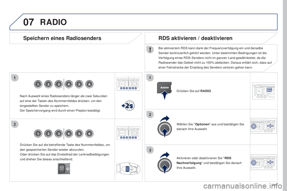 PEUGEOT 3008 2015.5.  Betriebsanleitungen (in German) 07
289
3008_de_Chap12b_RT6-2-8_ed01-2015
Drücken Sie auf die betreffende Taste des Nummernfeldes, um 
den gespeicherten Sender wieder abzurufen.
Oder drücken Sie auf das Einstellrad der Lenkradbetä