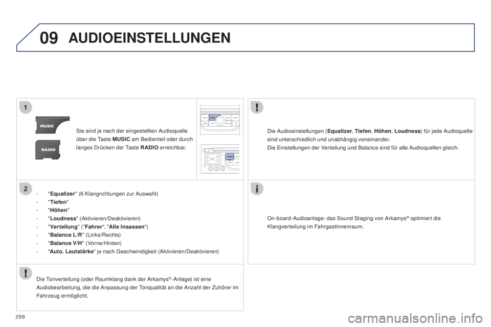 PEUGEOT 3008 2015.5.  Betriebsanleitungen (in German) 09
298
3008_de_Chap12b_RT6-2-8_ed01-2015
AUDIOEINSTELLUNGEN
Sie sind je nach der eingestellten Audioquelle 
über die Taste MUSIC am Bedienteil oder durch 
langes Drücken der Taste RADIO  erreichbar.