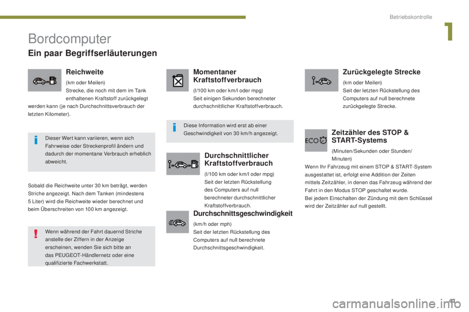 PEUGEOT 3008 2015.5. Betriebsanleitungen (in German) 41
3008_de_Chap01_controle-marche_ed01-2015
Bordcomputer
Sobald die Reichweite unter 30 km beträgt, werden
S triche angezeigt. Nach dem Tanken (mindestens
5
Liter) wird die Reichweite wieder bere PEUGEOT 3008 2015.5. Betriebsanleitungen (in German) 41
3008_de_Chap01_controle-marche_ed01-2015
Bordcomputer
Sobald die Reichweite unter 30 km beträgt, werden
S triche angezeigt. Nach dem Tanken (mindestens
5
Liter) wird die Reichweite wieder bere
