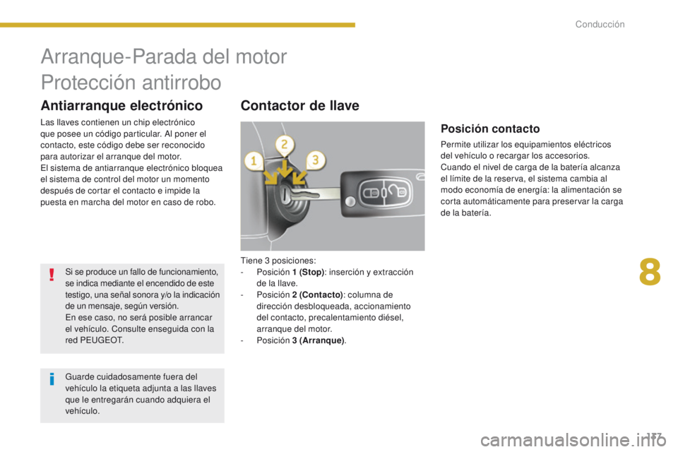 PEUGEOT 3008 2015.5. Manual del propietario (in Spanish) 137
3008_es_Chap08_conduite_ed01-2015
Tiene 3 posiciones:
- Posición 1
(Stop): inserción y extracción
de la llave.
-
Posición 2
(Contacto): columna de
dirección desbloqueada, acciona PEUGEOT 3008 2015.5. Manual del propietario (in Spanish) 137
3008_es_Chap08_conduite_ed01-2015
Tiene 3 posiciones:
- Posición 1
(Stop): inserción y extracción
de la llave.
-
Posición 2
(Contacto): columna de
dirección desbloqueada, acciona