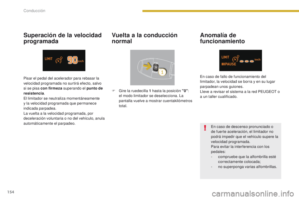 PEUGEOT 3008 2015.5. Manual del propietario (in Spanish) 154
3008_es_Chap08_conduite_ed01-2015
AnomalÃa de
funcionamiento
En caso de descenso pronunciado o
de fuerte aceleración, el limitador no
podrá impedir que el vehÃculo supere la
velocidad prog PEUGEOT 3008 2015.5. Manual del propietario (in Spanish) 154
3008_es_Chap08_conduite_ed01-2015
AnomalÃa de
funcionamiento
En caso de descenso pronunciado o
de fuerte aceleración, el limitador no
podrá impedir que el vehÃculo supere la
velocidad prog