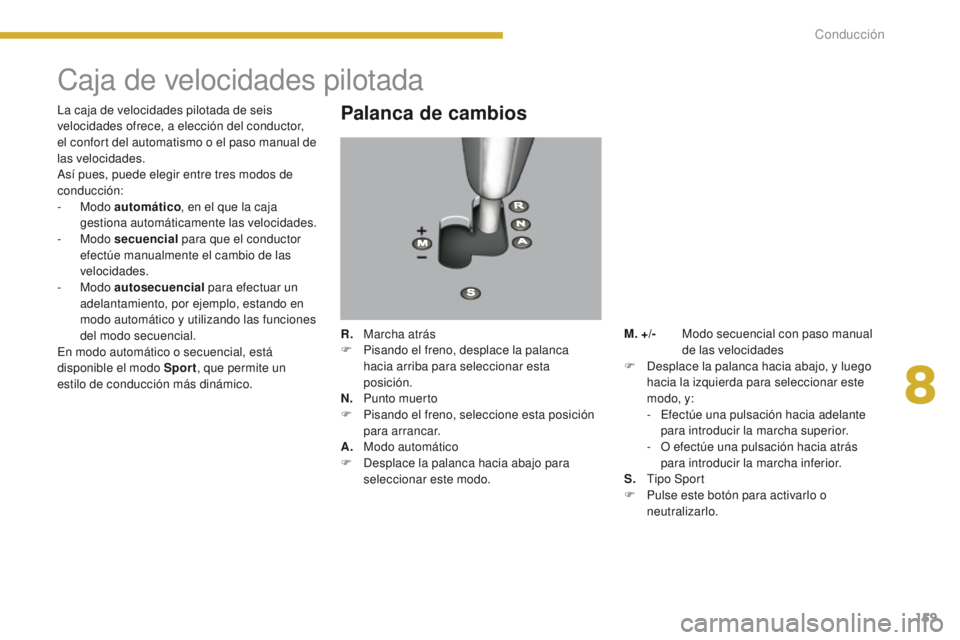 PEUGEOT 3008 2015.5. Manual del propietario (in Spanish) 159
3008_es_Chap08_conduite_ed01-2015
Caja de velocidades pilotada
Palanca de cambios
R. Marcha atrás
F
P isando el freno, desplace la palanca
hacia arriba para seleccionar esta
posición.
N.
PEUGEOT 3008 2015.5. Manual del propietario (in Spanish) 159
3008_es_Chap08_conduite_ed01-2015
Caja de velocidades pilotada
Palanca de cambios
R. Marcha atrás
F
P isando el freno, desplace la palanca
hacia arriba para seleccionar esta
posición.
N.