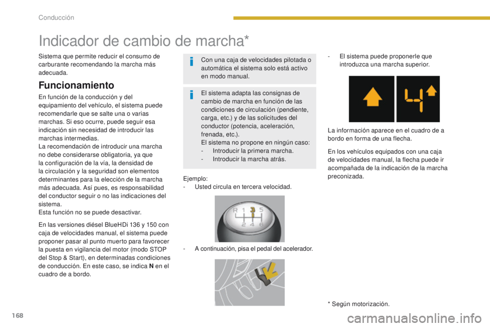 PEUGEOT 3008 2015.5. Manual del propietario (in Spanish) 168
3008_es_Chap08_conduite_ed01-2015
Indicador de cambio de marcha*
* Según motorización.
El sistema adapta las consignas de
cambio de marcha en función de las
condiciones de circulación (pendi PEUGEOT 3008 2015.5. Manual del propietario (in Spanish) 168
3008_es_Chap08_conduite_ed01-2015
Indicador de cambio de marcha*
* Según motorización.
El sistema adapta las consignas de
cambio de marcha en función de las
condiciones de circulación (pendi